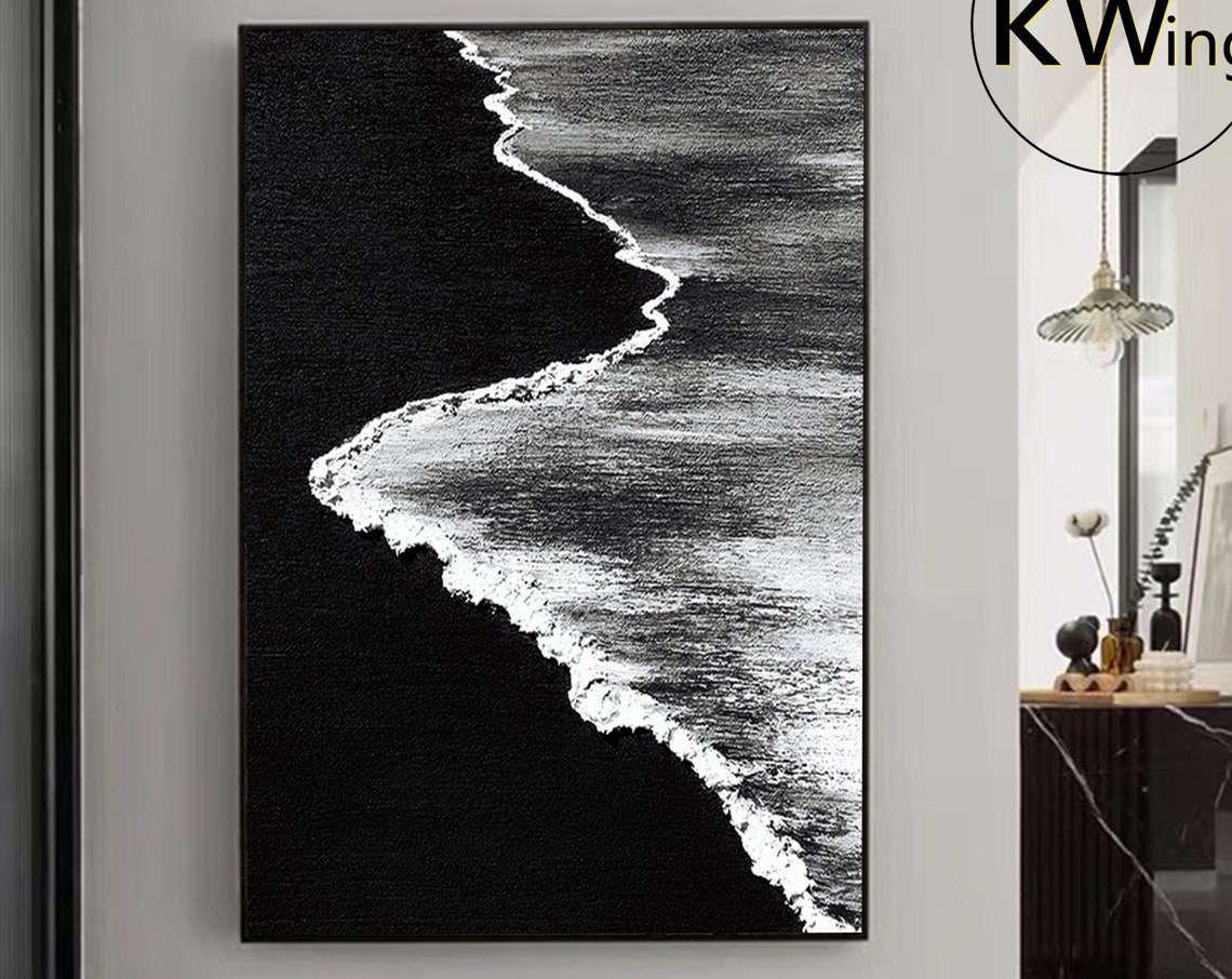 Black Sand Beach Aerial Foam Waves Minimalist Textured Art Poster
