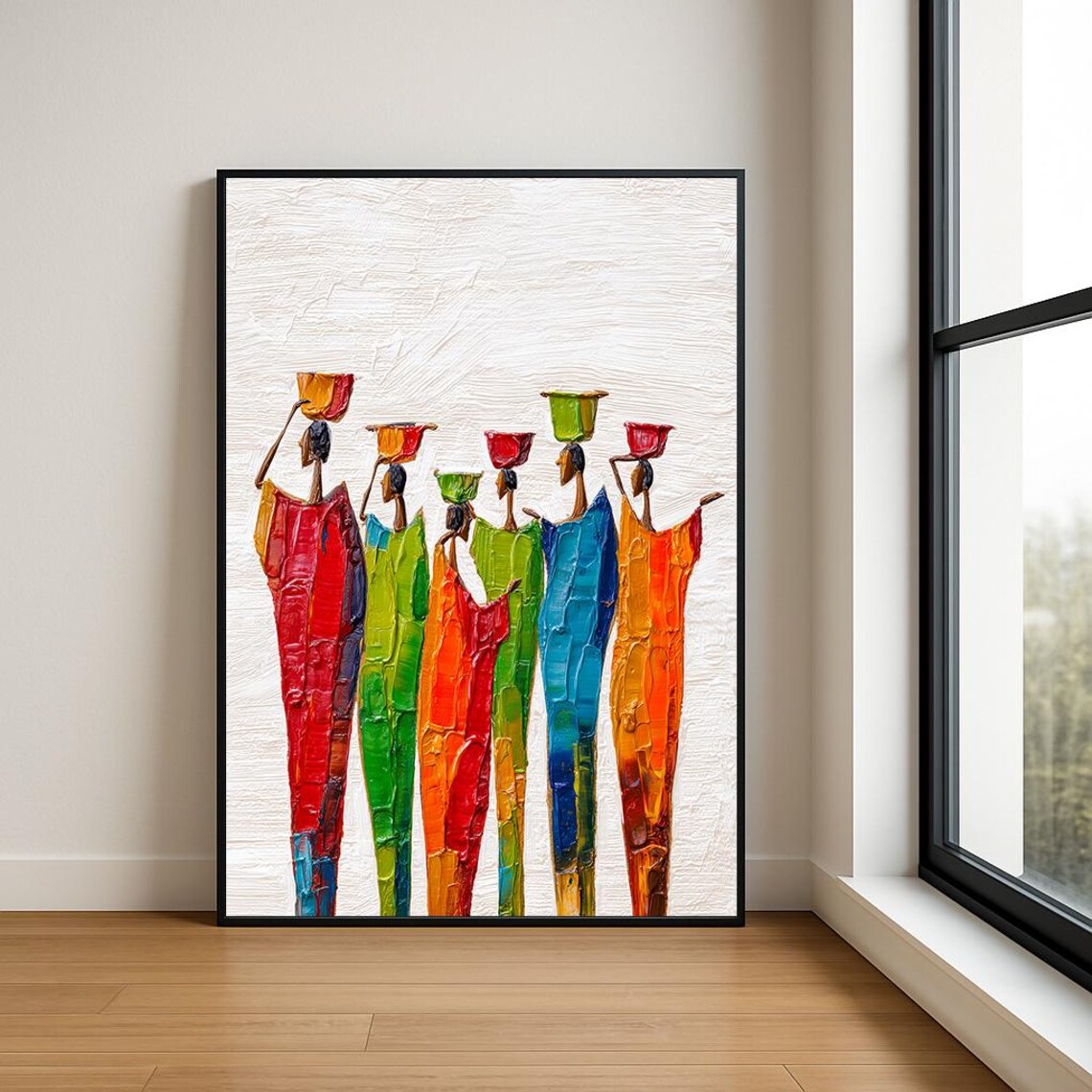 Six Women Carrying Pots Colorful African Textured Painting Poster
