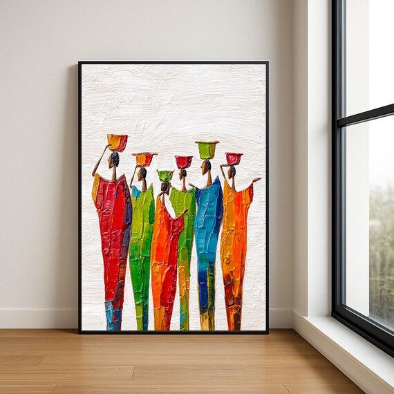 Six Women Carrying Pots Colorful African Textured Painting Poster