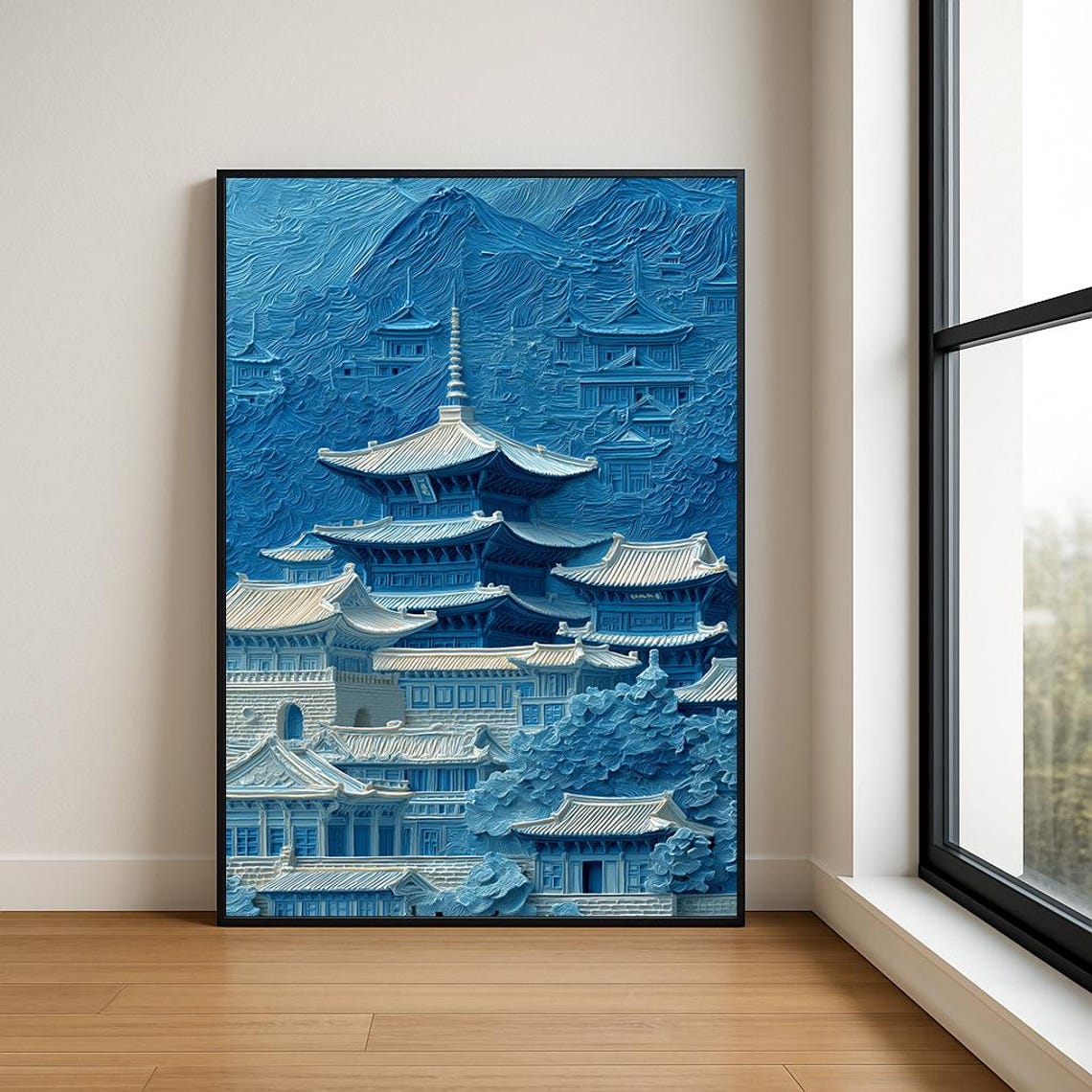 Korean Temple Pagoda Blue Monochrome Texture Painting Poster