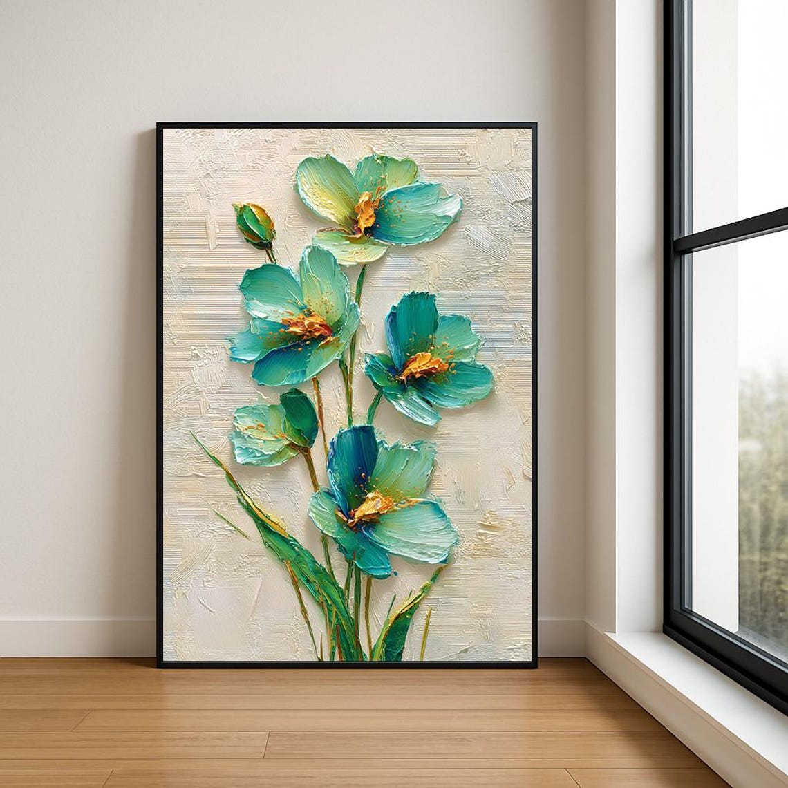 Teal Turquoise Flowers Impasto Floral Oil Painting Wall Poster
