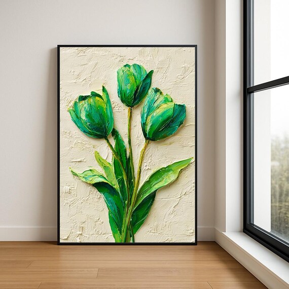 Green Tulips on Cream Textured Impasto Floral Oil Painting Poster