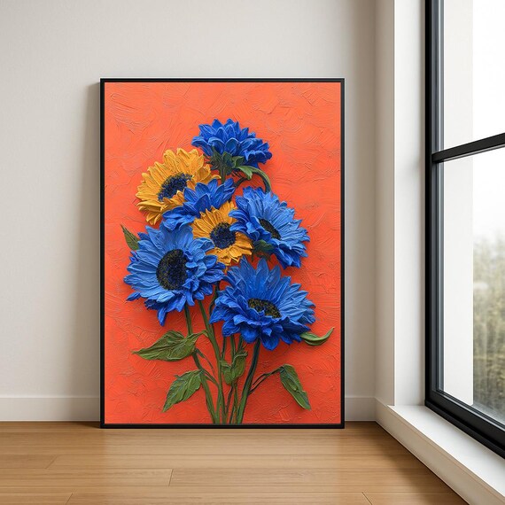 Blue and Yellow Sunflowers on Coral Textured Impasto Floral Poster
