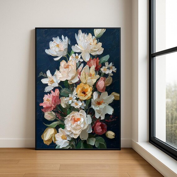Peony Bouquet White Pink Coral Dark Navy Impasto Floral Art Poster