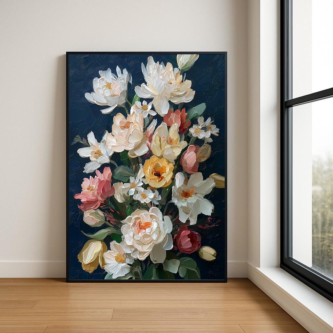 Peony Bouquet White Pink Coral Dark Navy Impasto Floral Art Poster