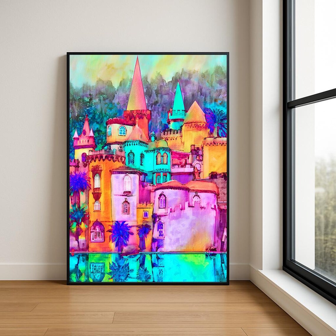 Vibrant Fairytale Castle Towers Pink Orange Teal Watercolor Poster