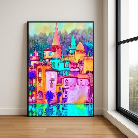 Vibrant Fairytale Castle Towers Pink Orange Teal Watercolor Poster