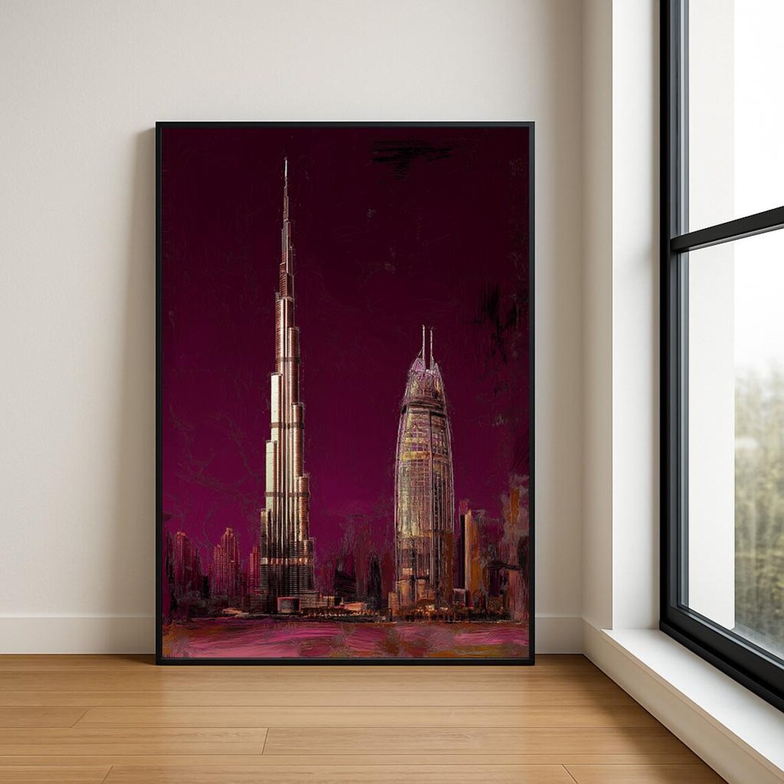 Burj Khalifa Dubai Night Cityscape Burgundy Oil Painting Poster