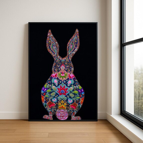 Colourful Embroidered Animal Wall Art Boho Illustration Print Vibrant Textile Style Home Decor