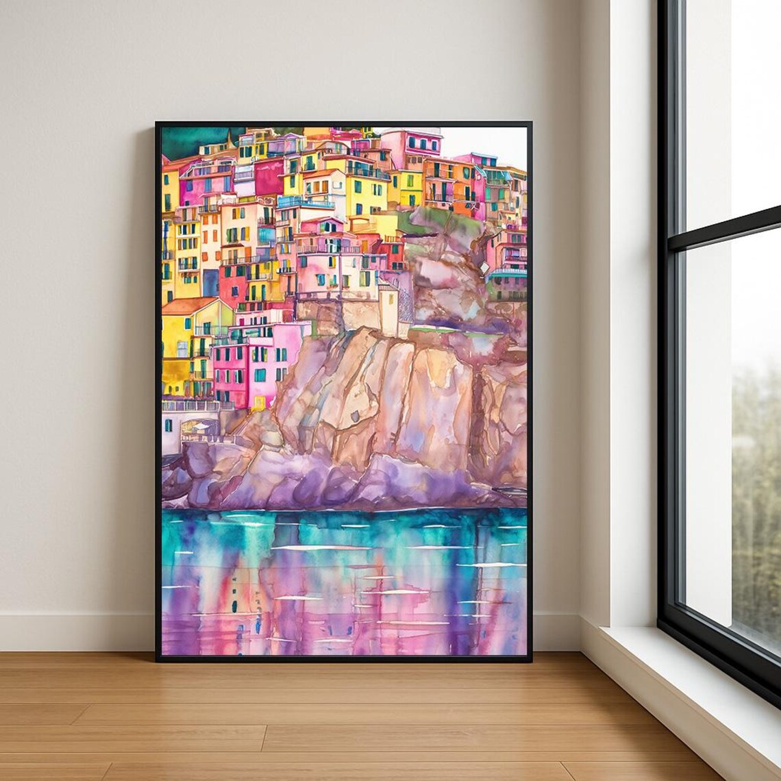 Cinque Terre Italy Colorful Cliffside Village Watercolor Poster