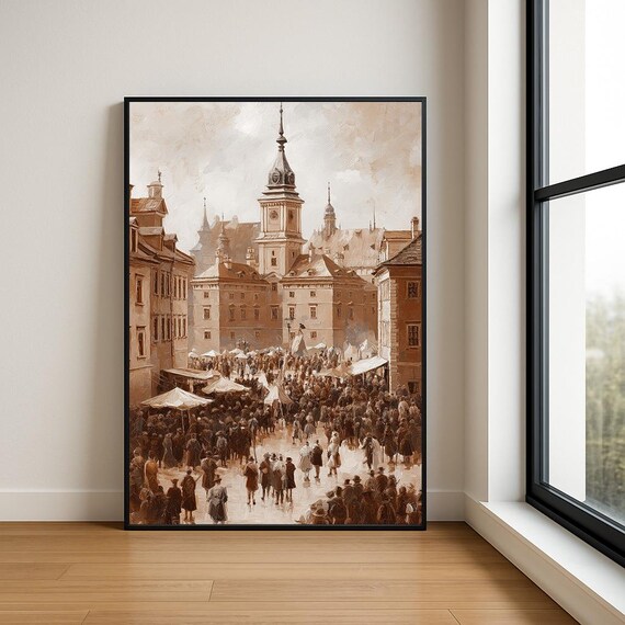Vintage European Market Square Painting Sepia Old Town Crowd Wall Art Historic City Print