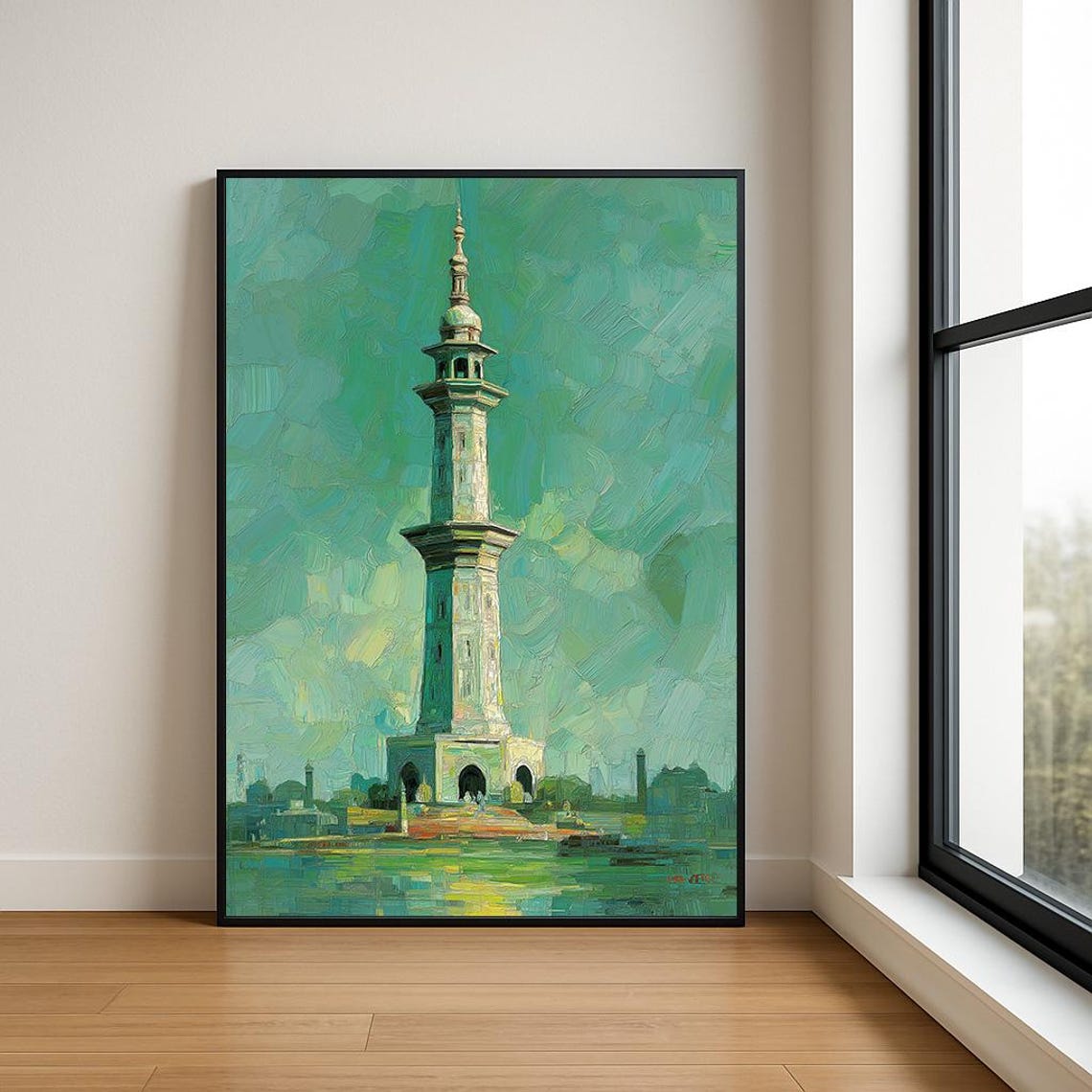 Minar-e-Pakistan Lahore Tall Tower Teal Impasto Painting Poster