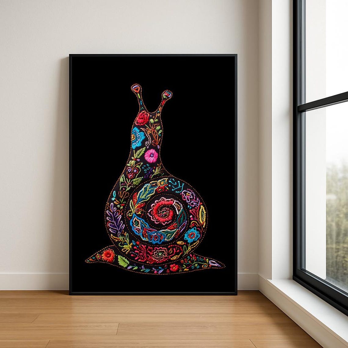 Snail Floral Embroidery Boho Colorful Happy Garden Critter Poster