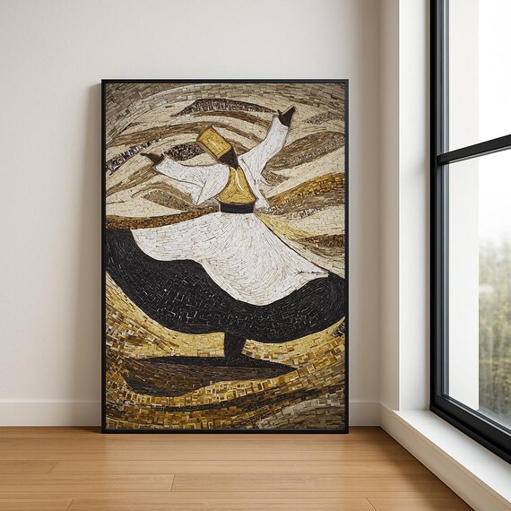 Whirling Dervish Swirling Gold Black Mosaic Spiritual Wall Art