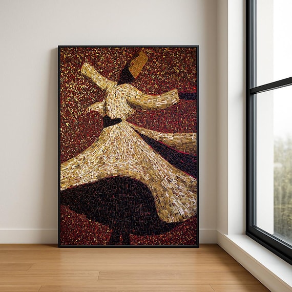 Whirling Dervish Golden Mosaic Red Background Sufi Dance Poster