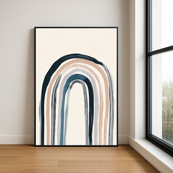Japandi Rainbow Arch Abstract Navy Blush Brushstroke Arches Poster