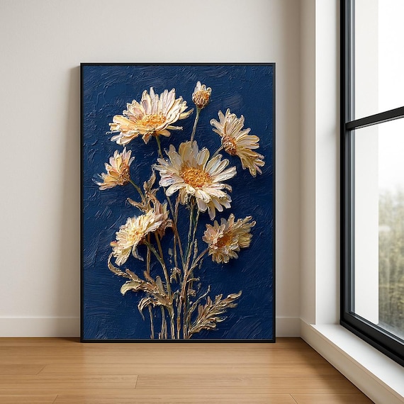Cream White Daisies Navy Blue 3D Impasto Oil Painting Poster