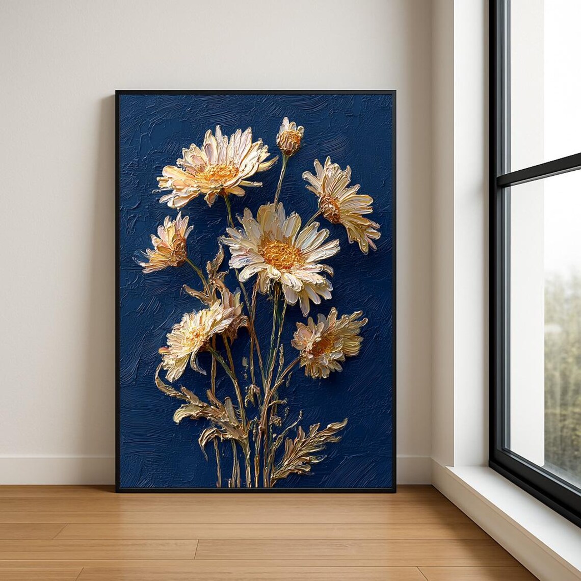 Cream White Daisies Navy Blue 3D Impasto Oil Painting Poster