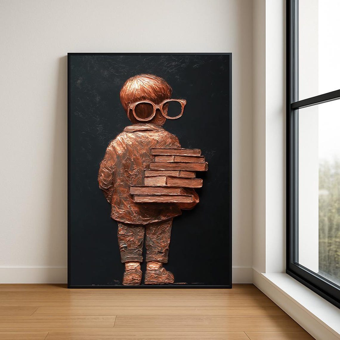Nerdy Boy With Books Copper Textured Dark Background Wall Art