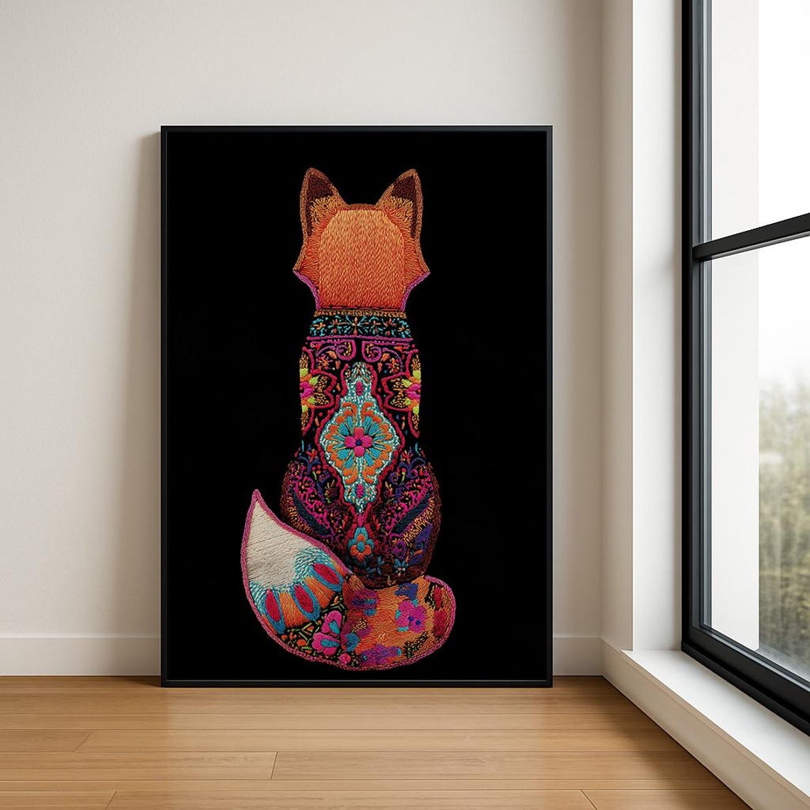 Ornate Embroidered Fox Colorful Patterned Woodland Black Art Poster