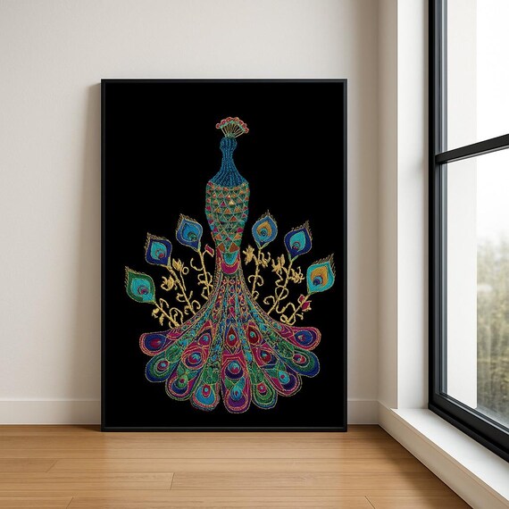 Colourful Embroidered Animal Wall Art Boho Illustration Print Vibrant Textile Style Home Decor