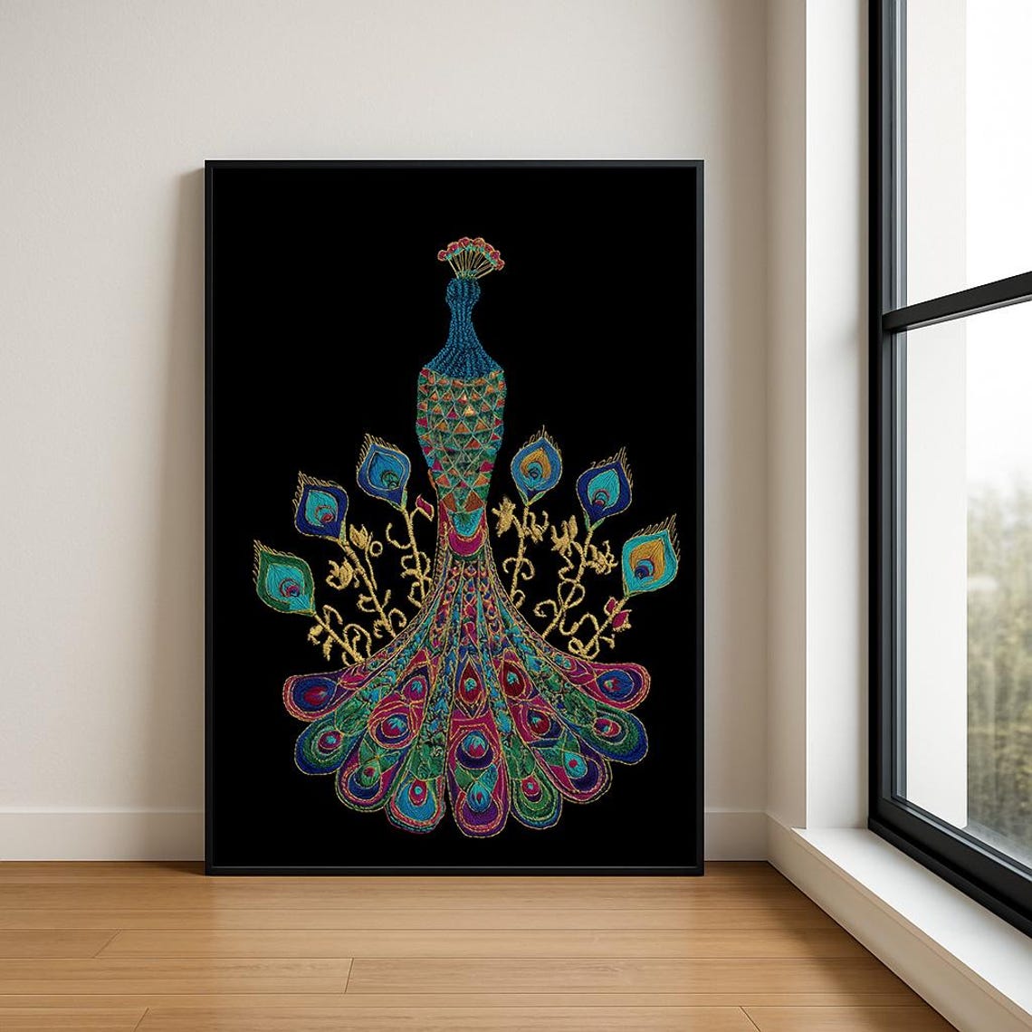 Peacock From Behind Embroidered Floral Tail Colorful Boho Bird Poster