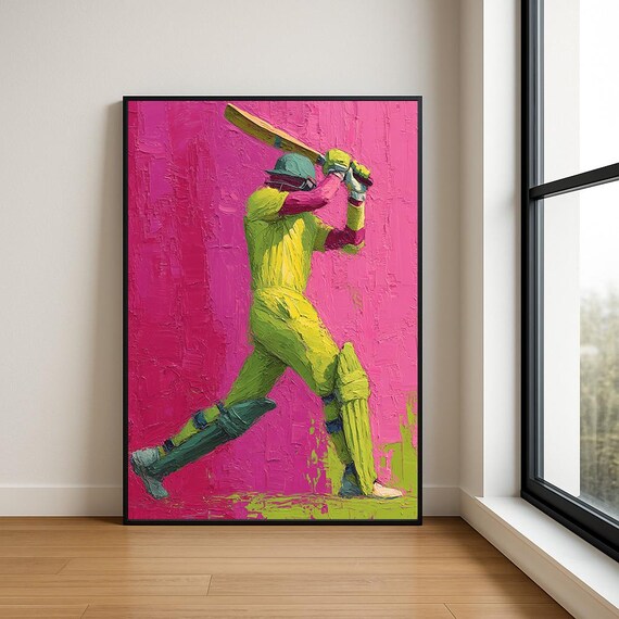 Neon Cricket Batsman Hot Pink Impasto Bold Sports Art Poster