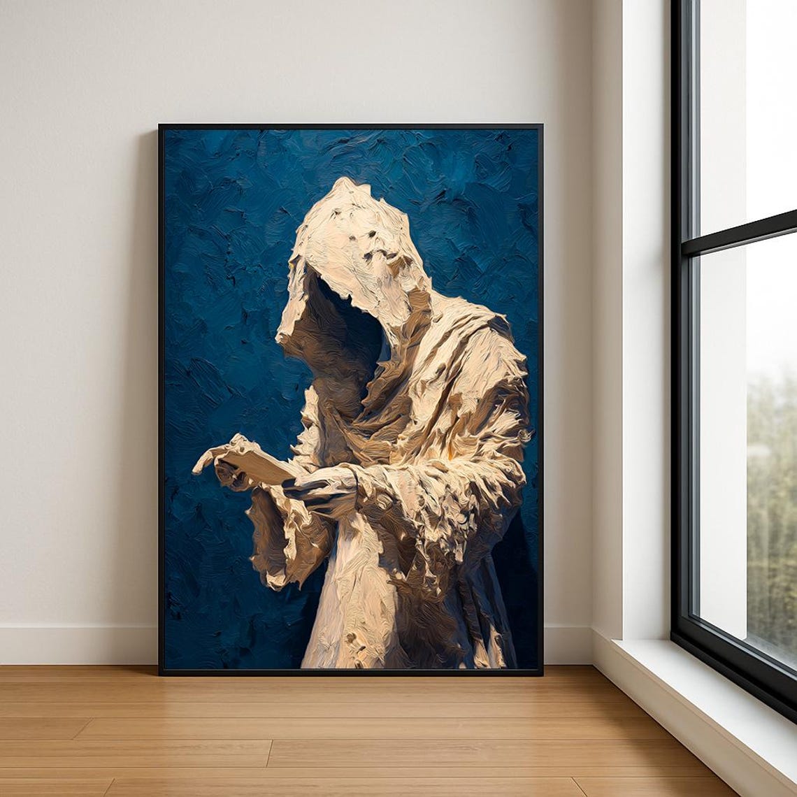 Hooded Cream Wizard Reading Cards On Deep Blue Impasto Poster