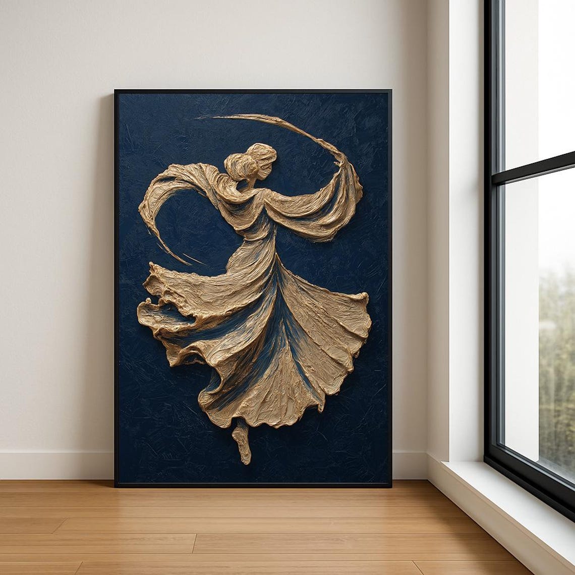 Golden Dancing Lady Impasto Oil Painting on Deep Navy Blue Poster