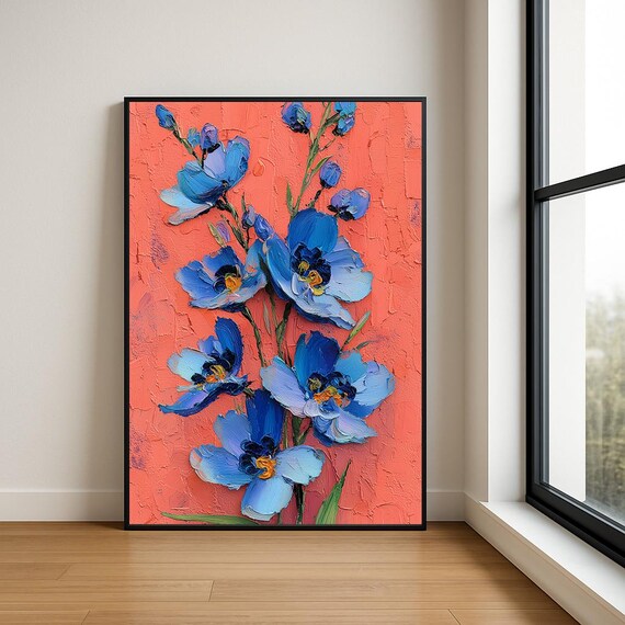 Blue Delphiniums on Coral Textured Impasto Oil Painting Poster