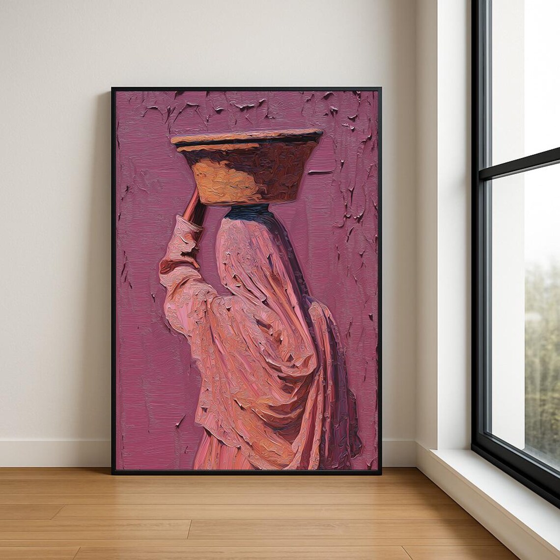 Woman Carrying Water Jar Pink Impasto Oil Painting Bold Art Poster