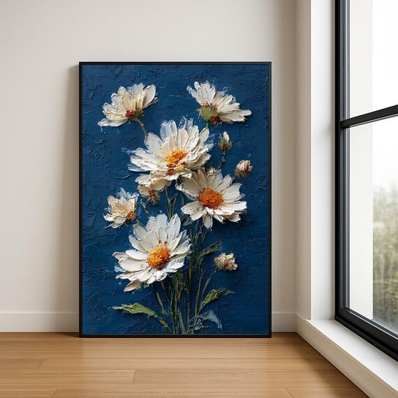 White Daisy Blooms on Deep Navy Impasto Floral Oil Art Poster