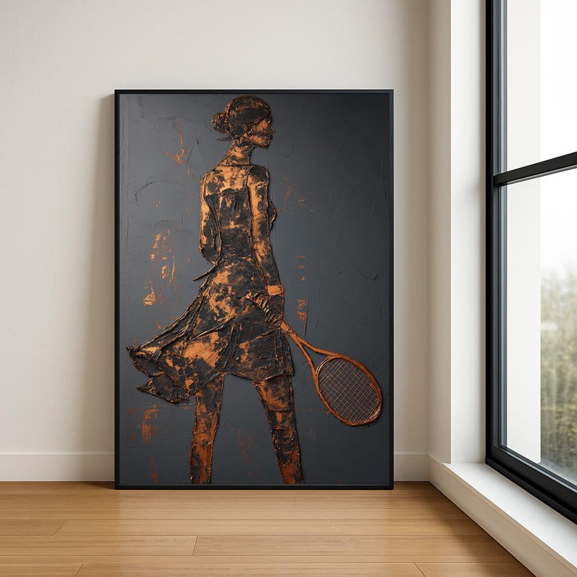 Copper Tennis Player Textured Impasto Oil Painting Dark Sports Poster