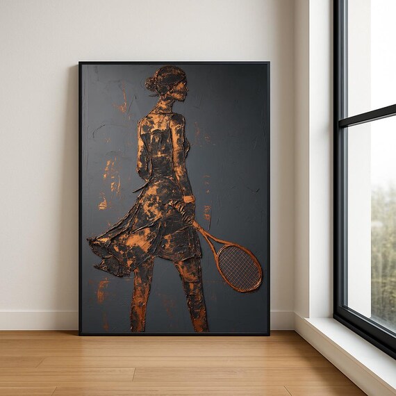 Copper Tennis Player Textured Impasto Oil Painting Dark Sports Poster