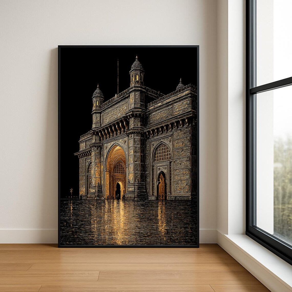 Gateway of India Mumbai at Night Gold Black Landmark Painting Poster