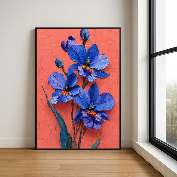 Blue Irises on Coral Red Textured Impasto Oil Painting Poster