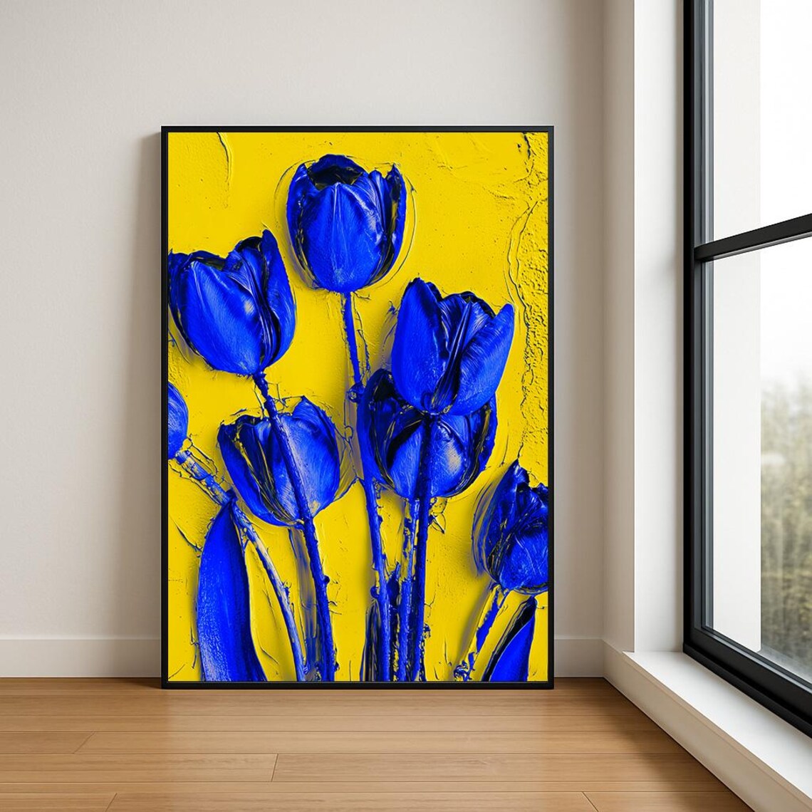 Blue Tulips Yellow Canvas Textured Impasto Floral Oil Painting Poster