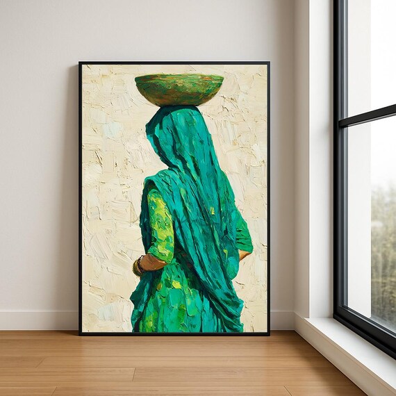 Woman in Teal Robe Carrying Bowl Textured Oil Painting Portrait Poster