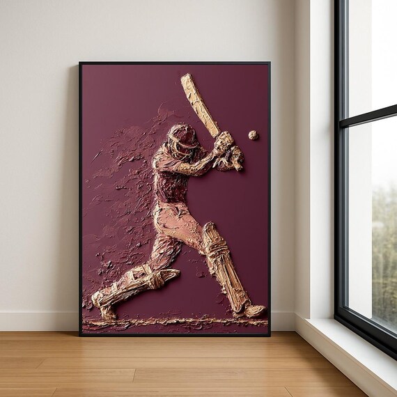 Copper Cricket Batsman Maroon Impasto Textured Sports Art Poster