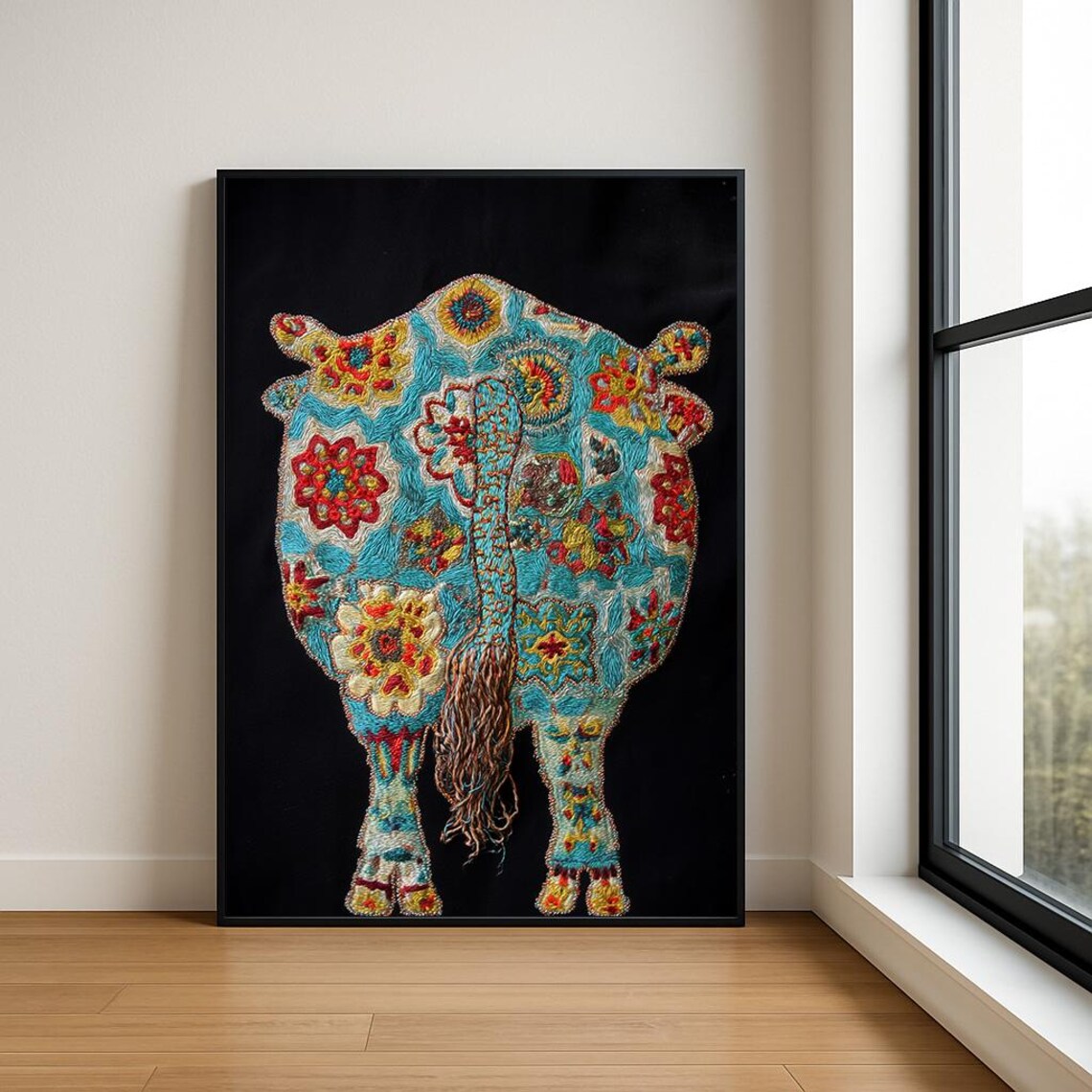Cow Floral Embroidery Boho Colorful Farm Animal Black Poster