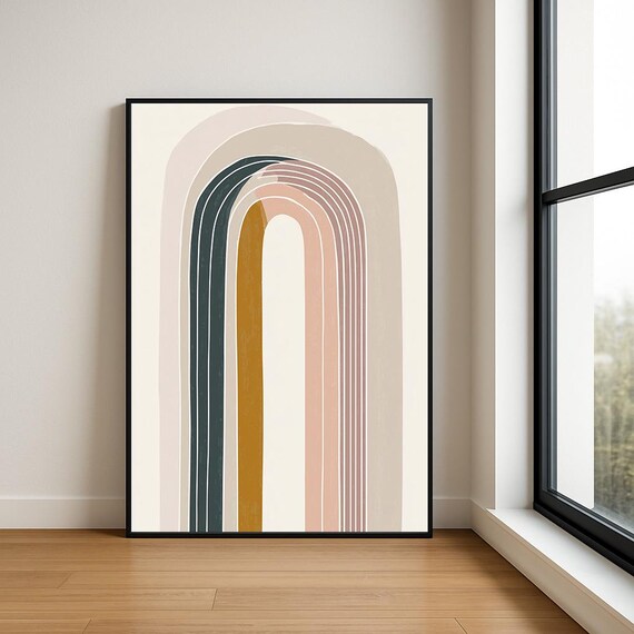 Layered Arch Poster in Cream Forest Green and Mustard Japandi Art