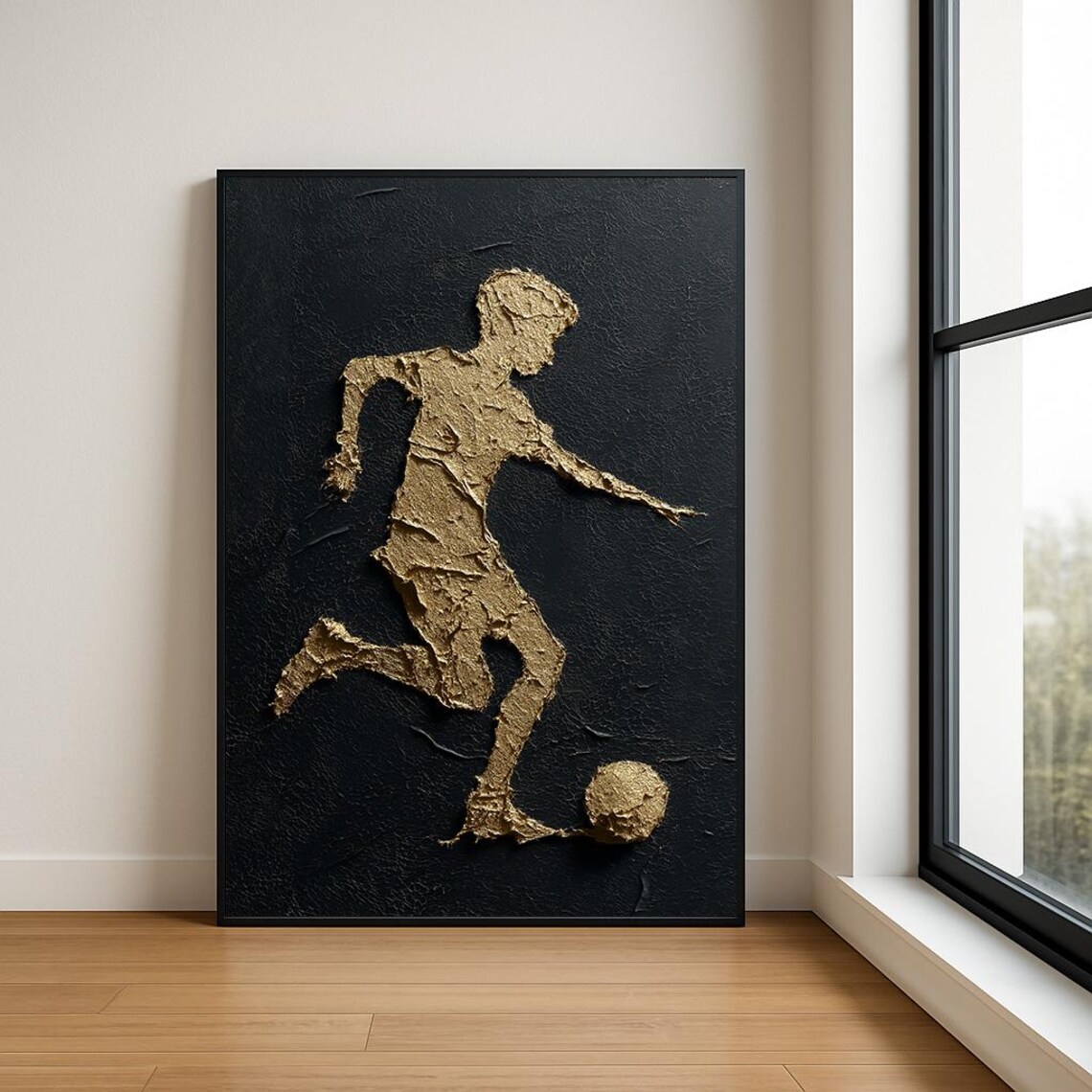 Gold Soccer Player Kick Ball Black Textured Modern Sports Poster