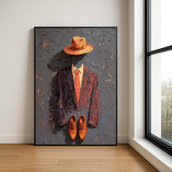 Modern Gentleman Abstract Oil Painting Suit Hat Wall Art Luxury Decor Print