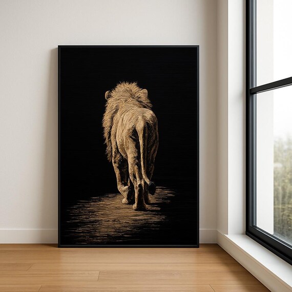 Golden Lion Walking Away Oil Painting Black Background Animal Poster