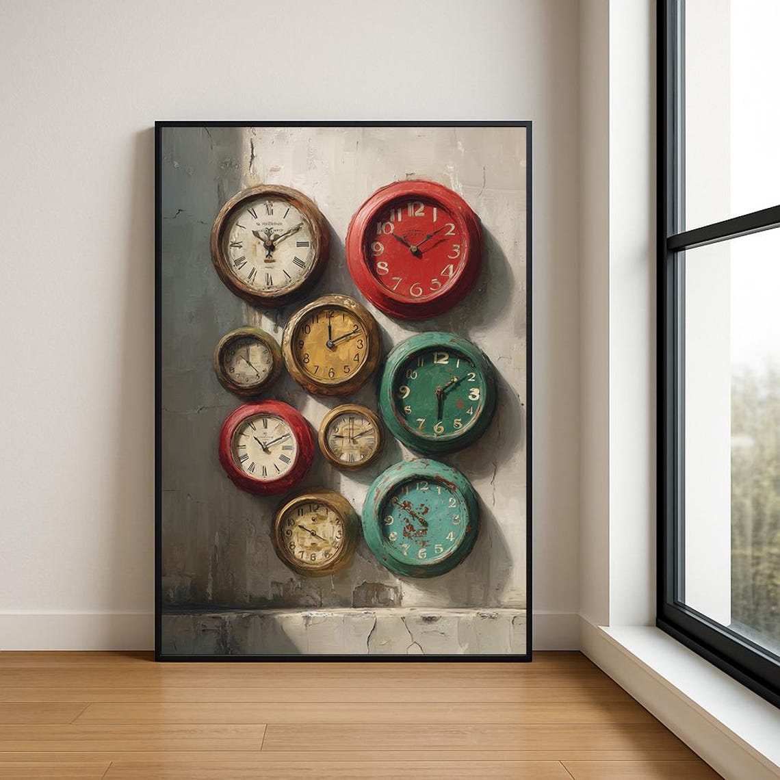 Vintage Wall Clock Collection Red Teal Roman Numerals Poster