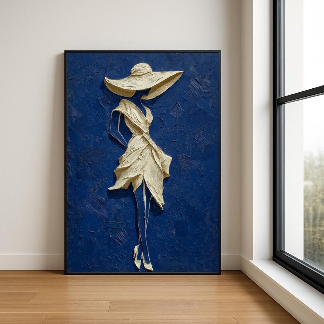 Elegant Lady White Dress Navy Blue Textured Fashion Art Poster