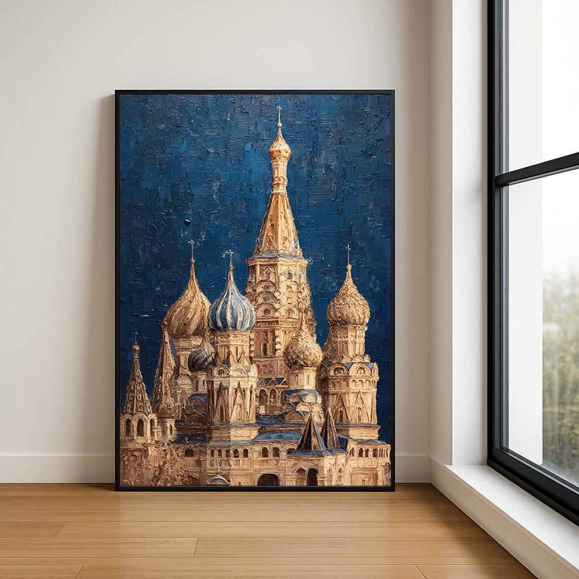 Saint Basils Cathedral Gold Domes Deep Blue Impasto Painting Poster
