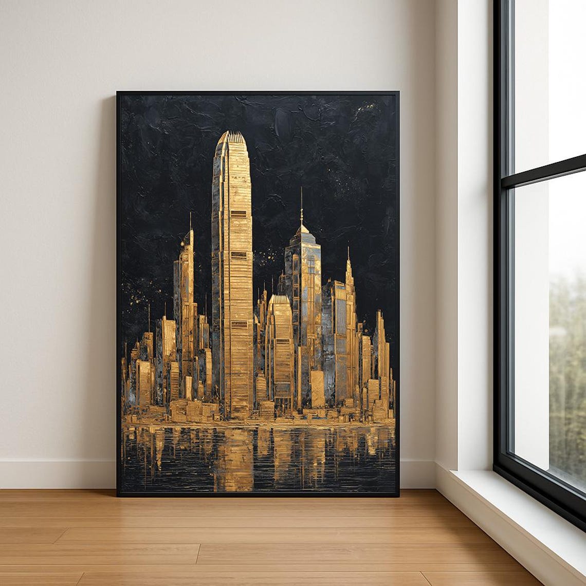Hong Kong Gold Night Skyline Black Canvas Oil Painting Poster