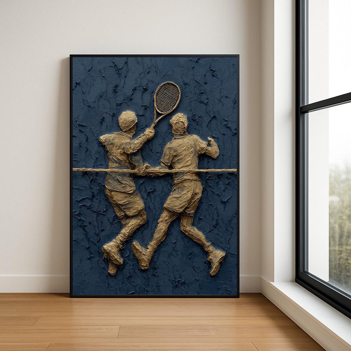 Bronze Tennis Players Net Rally Navy Textured Sports Wall Art