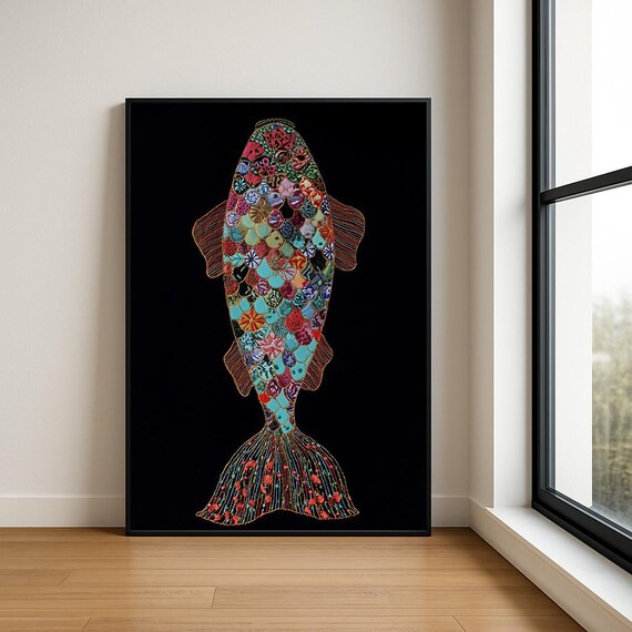 Colourful Embroidered Animal Wall Art Boho Illustration Print Vibrant Textile Style Home Decor